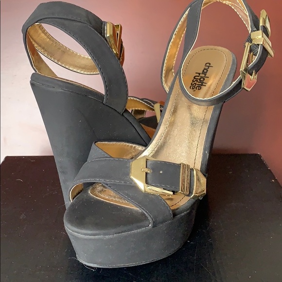 Never been worn black and gold high wedges. - Picture 1 of 8